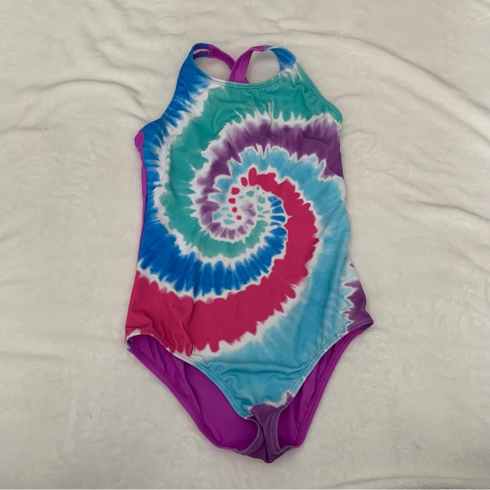 Lands End Girls Size 12 Tie Dye Spiral One Piece Swimsuit Purple Racerback